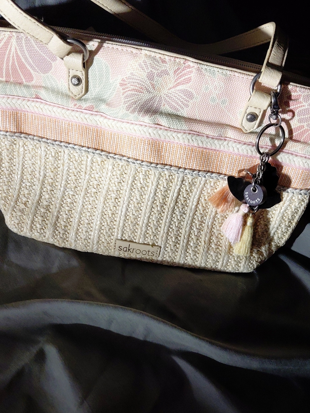 Sakroots Pink Floral & Cream Woven Tote with Tassel Charm